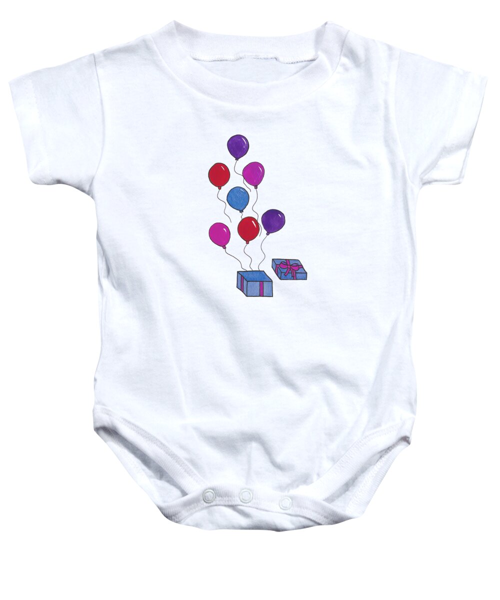 Birthday Baby Onesie featuring the mixed media Present and Balloons by Lisa Neuman