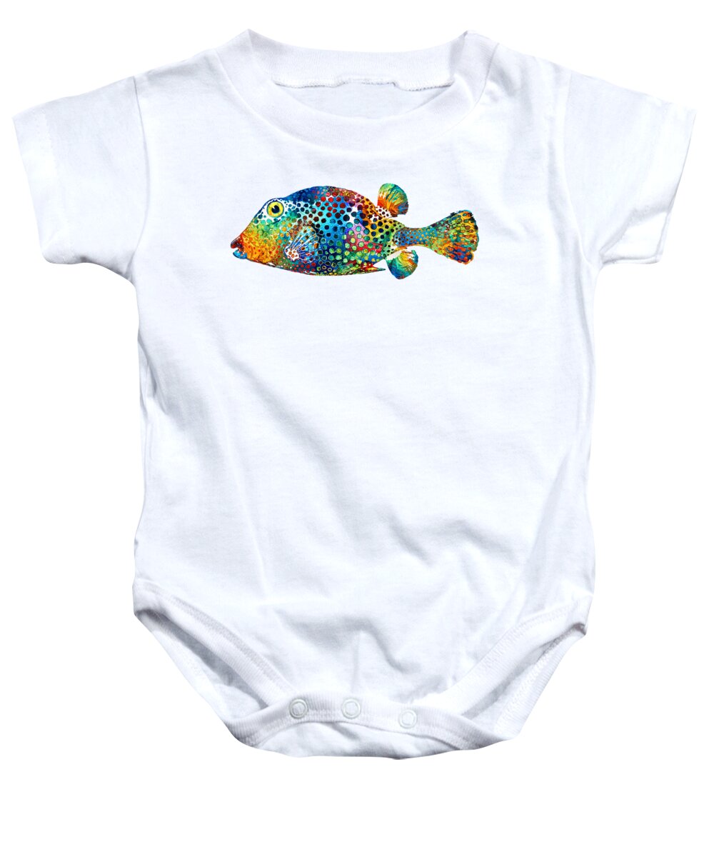 Fish Baby Onesie featuring the painting Puffer Fish Art - Puff Love - By Sharon Cummings by Sharon Cummings