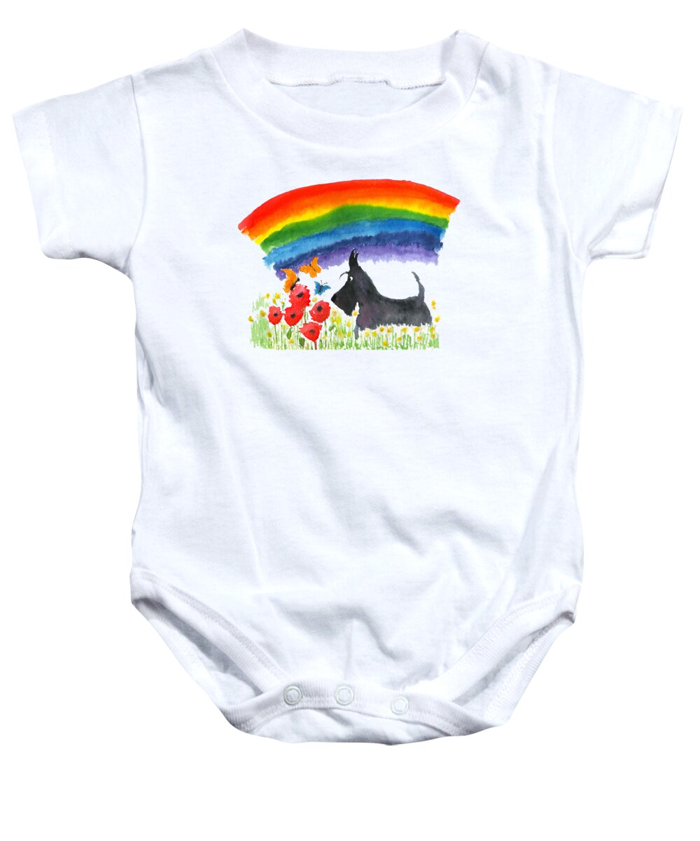 Scottie Dog Baby Onesie featuring the painting Rainbow Scottie by Patch Wheatley