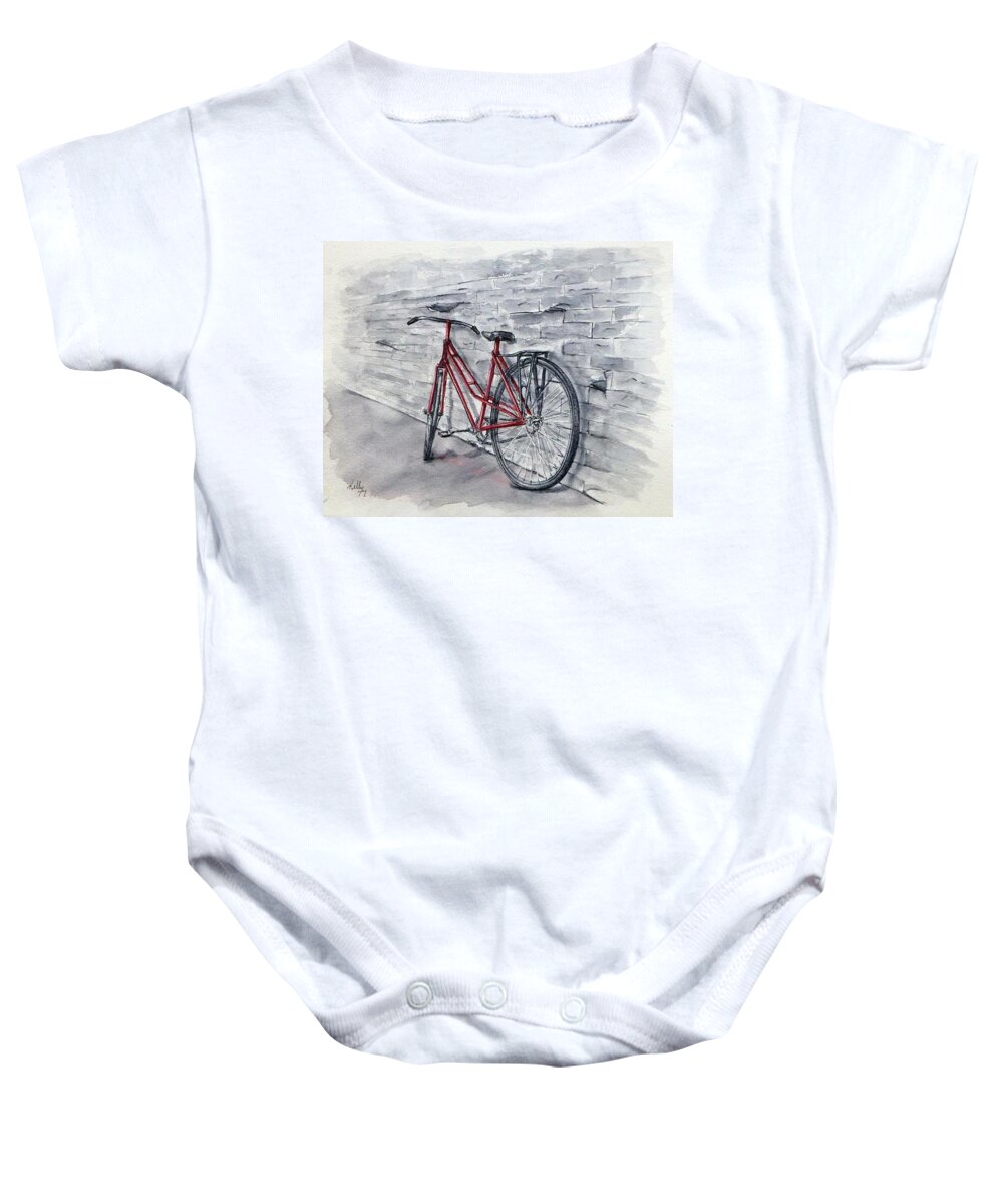 Bicycle Baby Onesie featuring the painting Red Bicycle by Kelly Mills