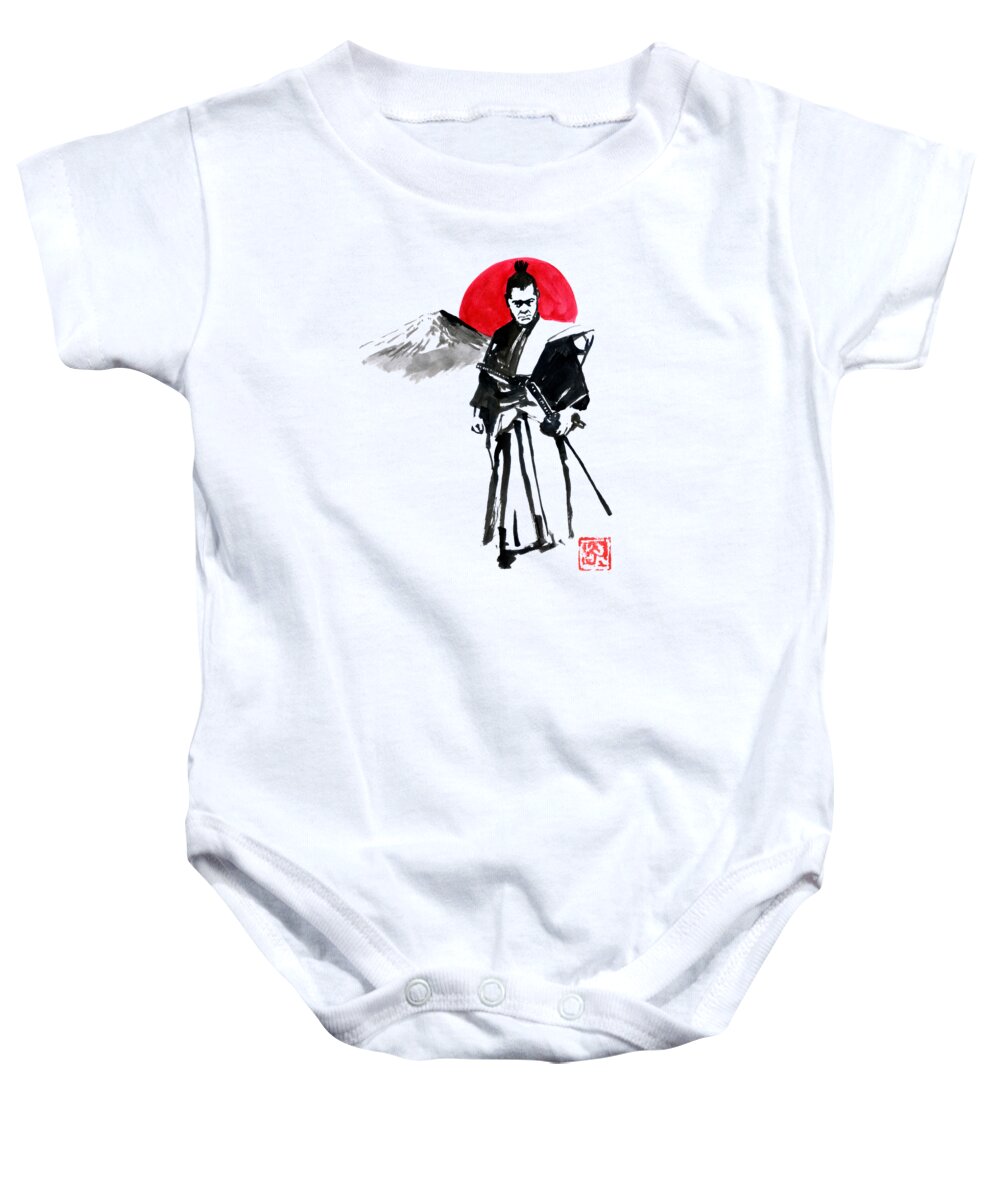  Sumie Baby Onesie featuring the drawing Red Sun And Fuji by Pechane Sumie