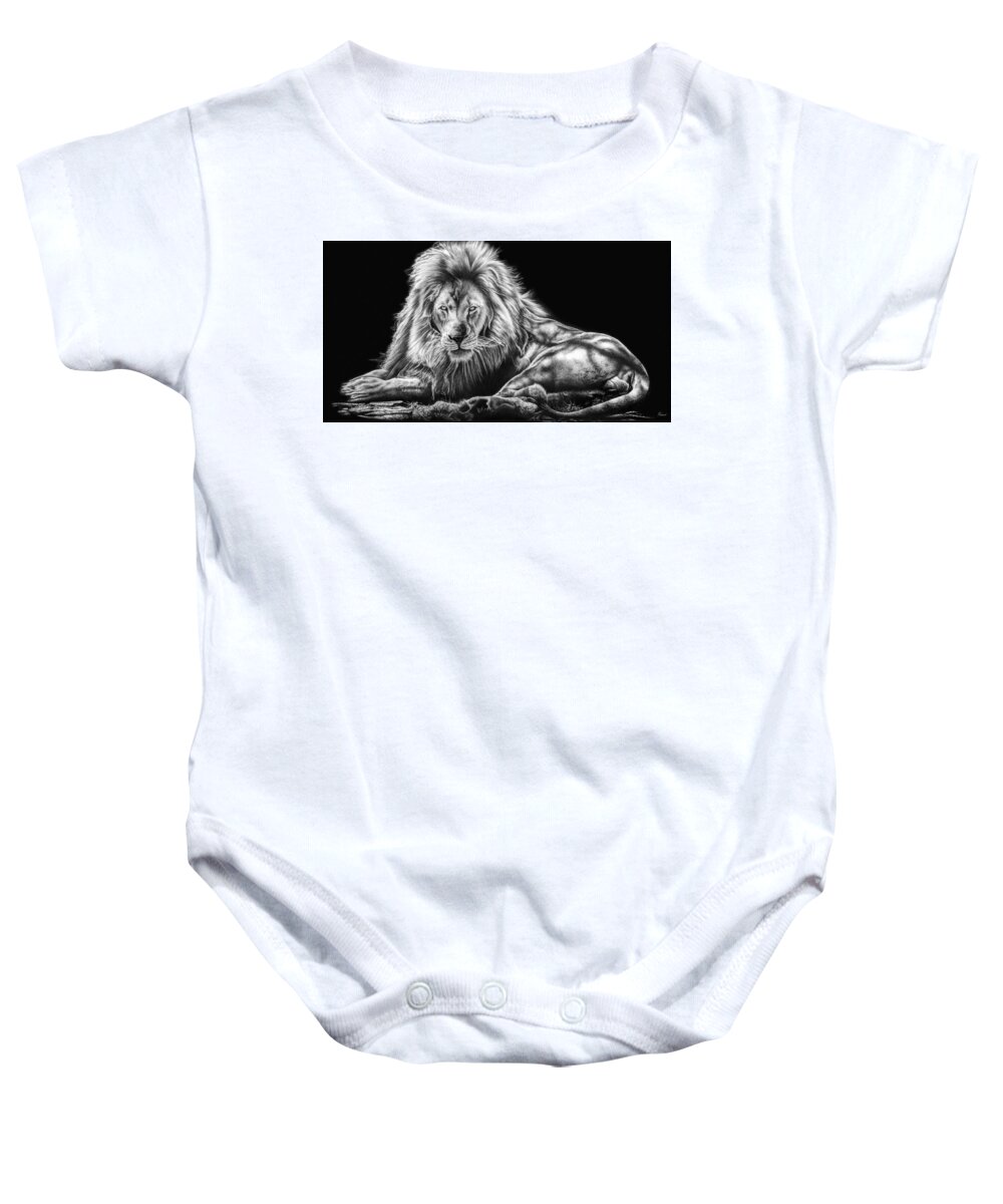 Lion Baby Onesie featuring the drawing Reliance by Casey 'Remrov' Vormer