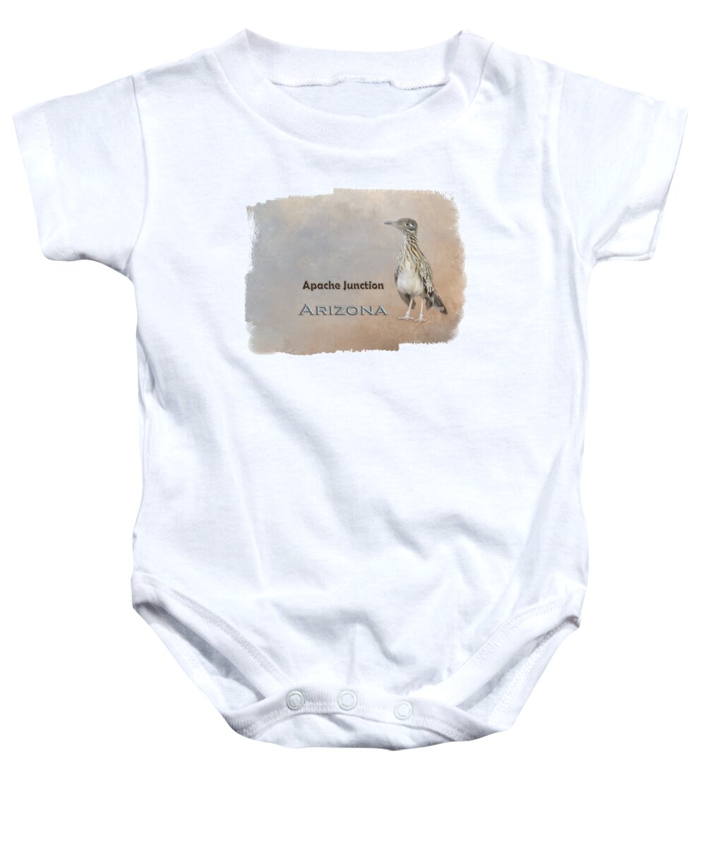 Apache Junction Baby Onesie featuring the mixed media Roadrunner Apache Junction Arizona by Elisabeth Lucas