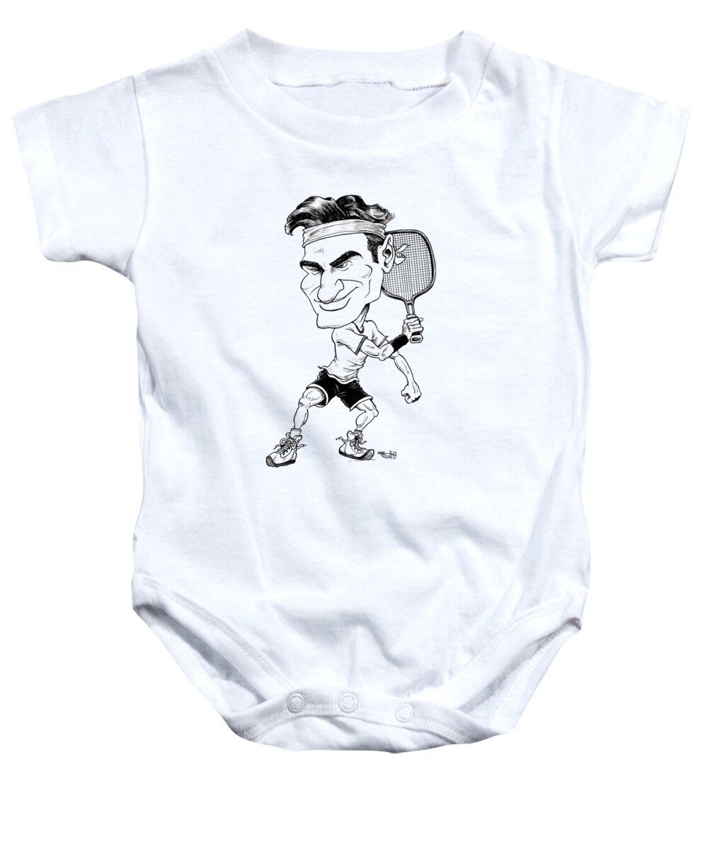Cartoon Baby Onesie featuring the drawing Roger Federer by Mike Scott