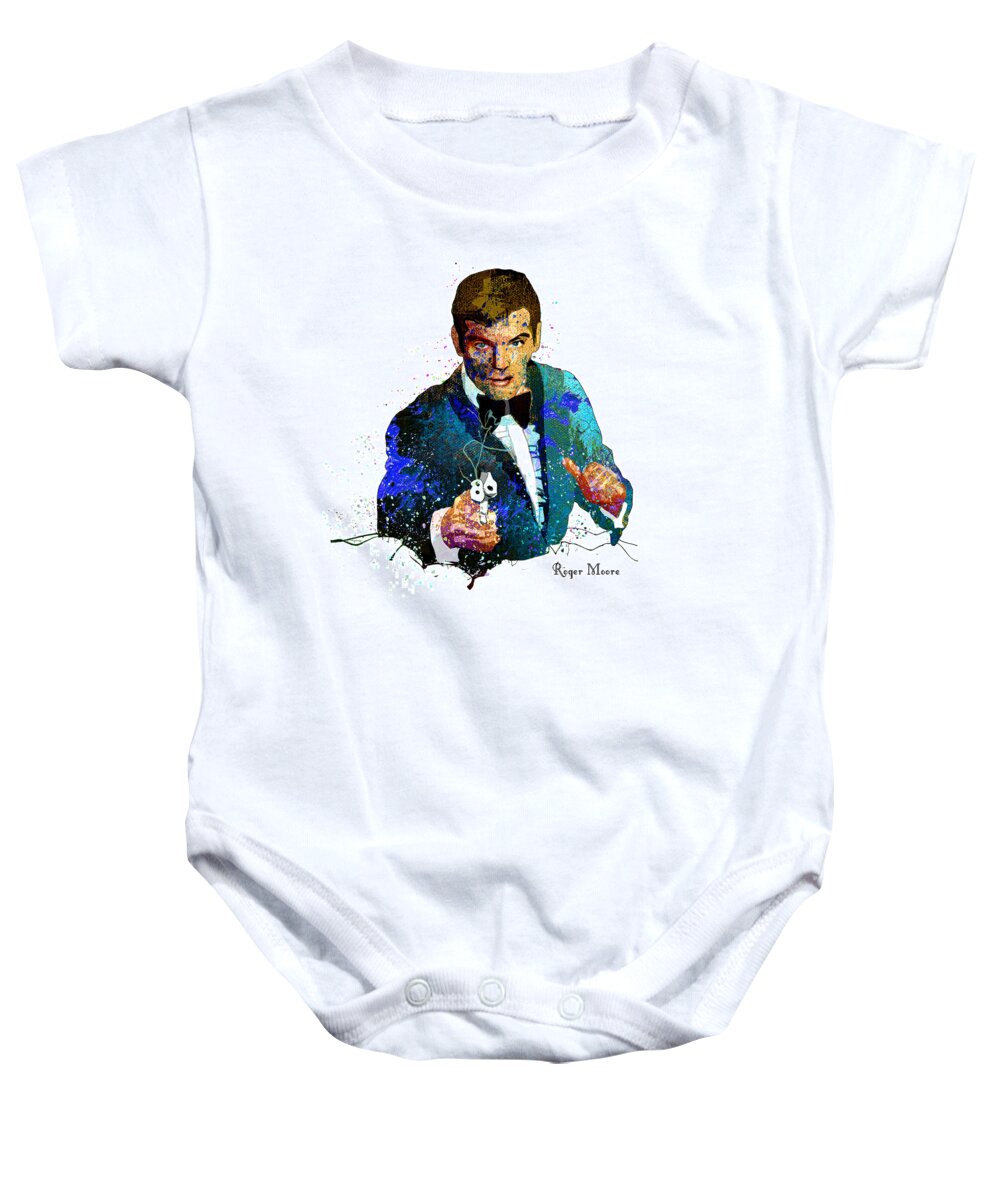 Acrylics Baby Onesie featuring the painting Roger Moore by Miki De Goodaboom