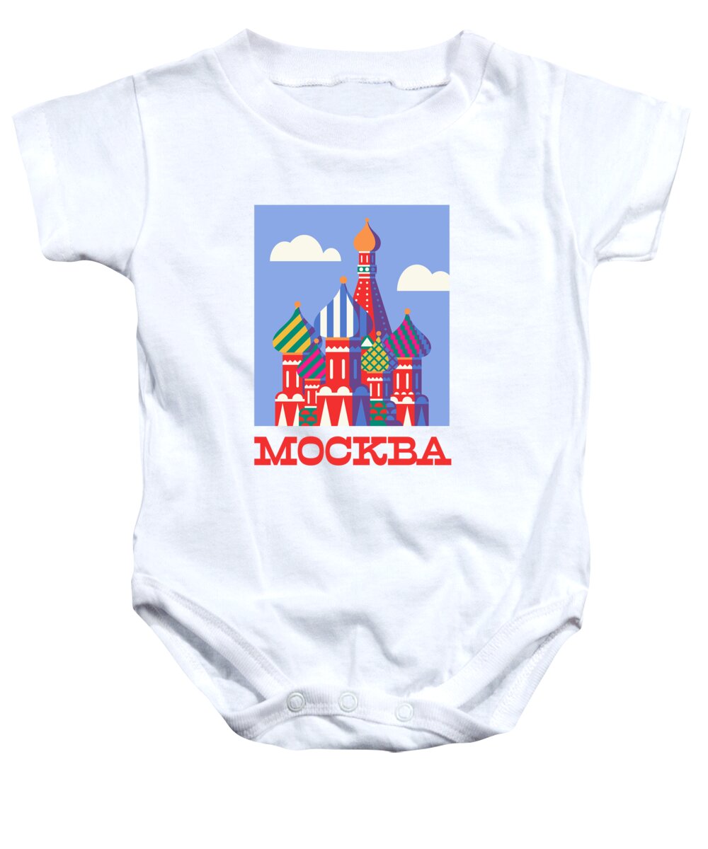 Retro Baby Onesie featuring the digital art St Basil's Cathedral Russia Tourism Moscow - Cornflower by Organic Synthesis