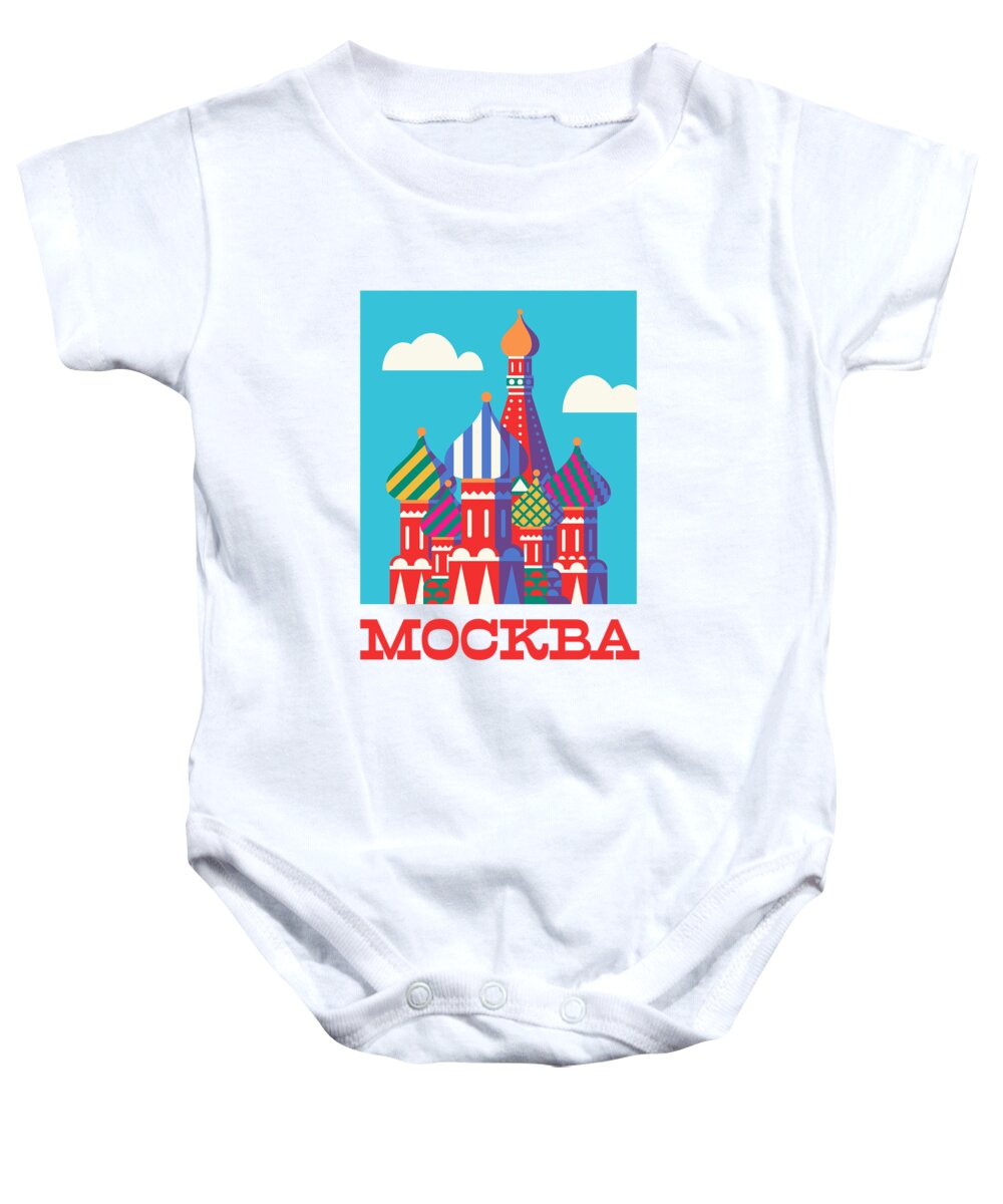 Retro Baby Onesie featuring the digital art St Basil's Cathedral Russia Tourism Moscow - Cyan by Organic Synthesis