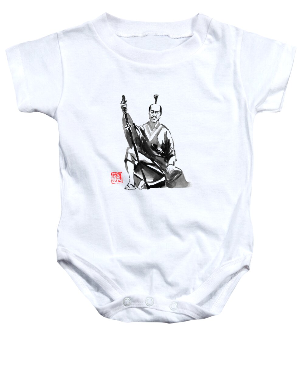 Sumie Baby Onesie featuring the drawing Samurai Resting by Pechane Sumie