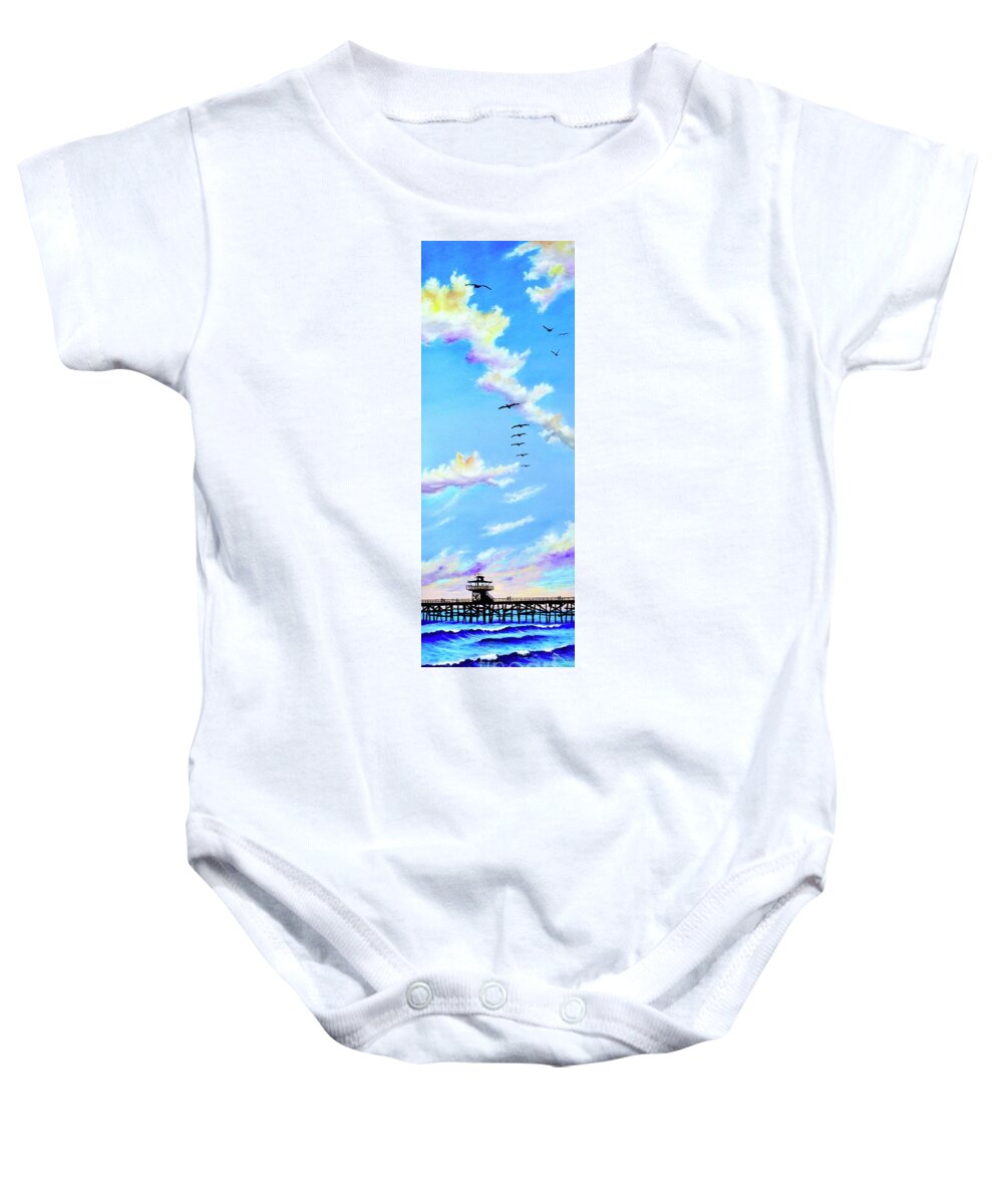 Pelican Baby Onesie featuring the painting San Clemente Pelicans by Mary Scott