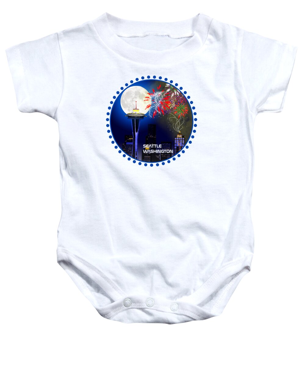 Seattle Skyline Baby Onesie featuring the painting Seattle Skyline by Methune Hively
