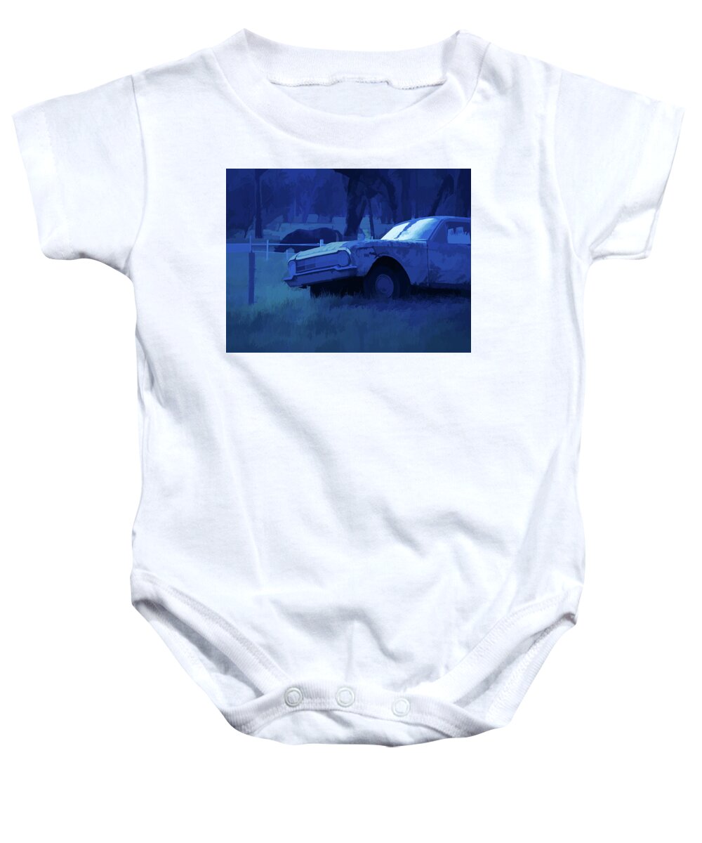 Ford Falcon Ute Baby Onesie featuring the mixed media Semi-Abstract 1960s Classic Ford Falcon Ute And Horse by Joan Stratton