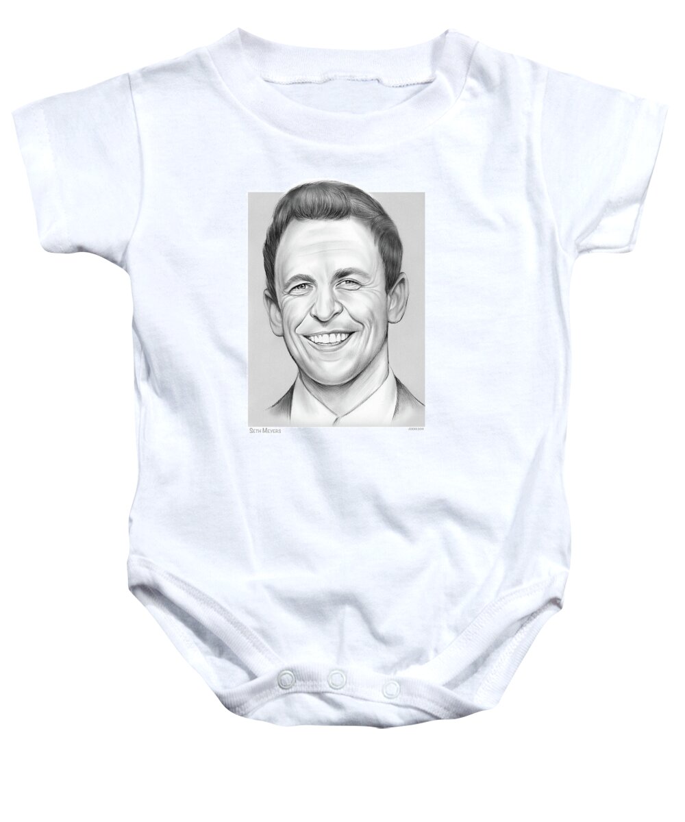 Seth Meyers Baby Onesie featuring the drawing Seth Meyers by Greg Joens