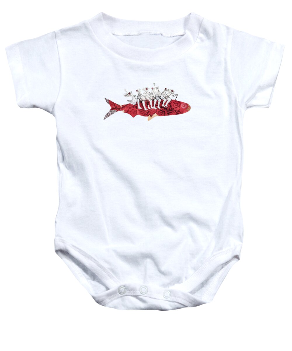 Red And White Baby Onesie featuring the digital art Seven on the whale by Micah Offman