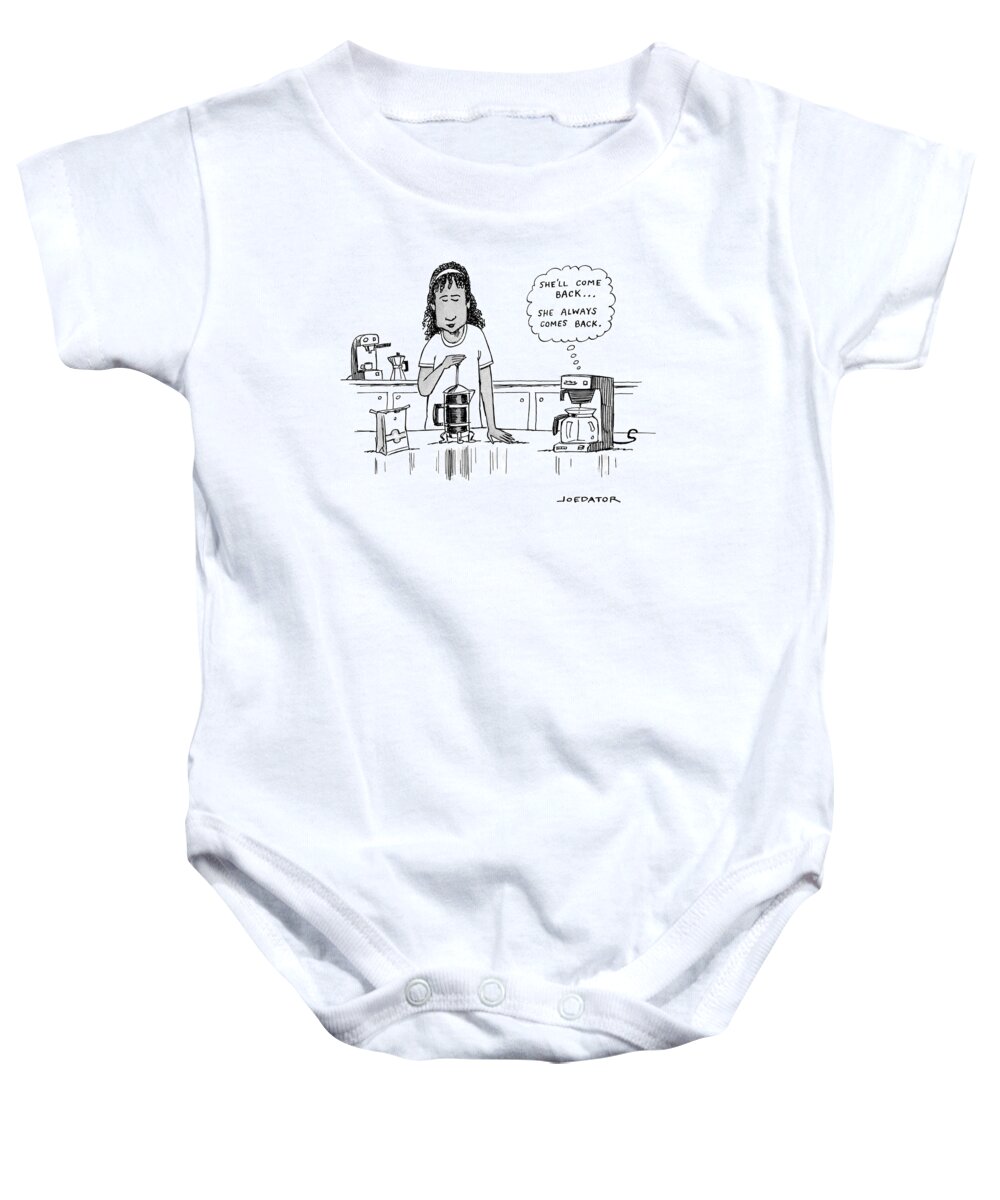 Coffee Baby Onesie featuring the drawing She Always Comes Back by Joe Dator
