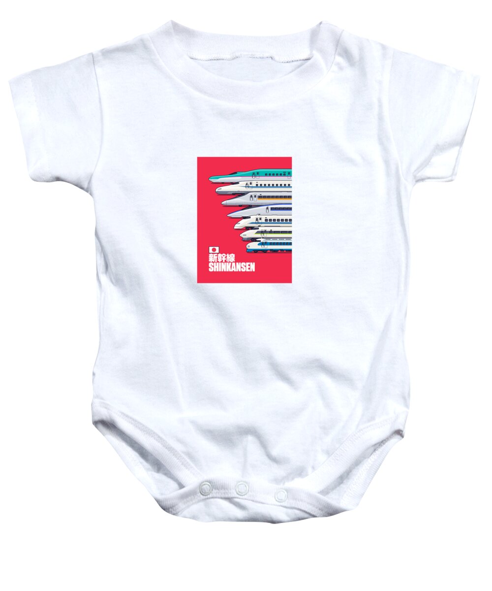 Train Baby Onesie featuring the digital art Shinkansen Bullet Train Evolution - Red by Organic Synthesis