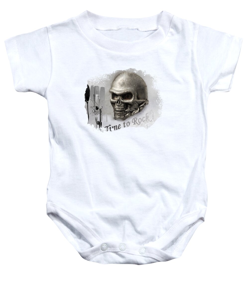 Silver Baby Onesie featuring the digital art Silver metal skull with mic, rock music motivation by Tom Conway