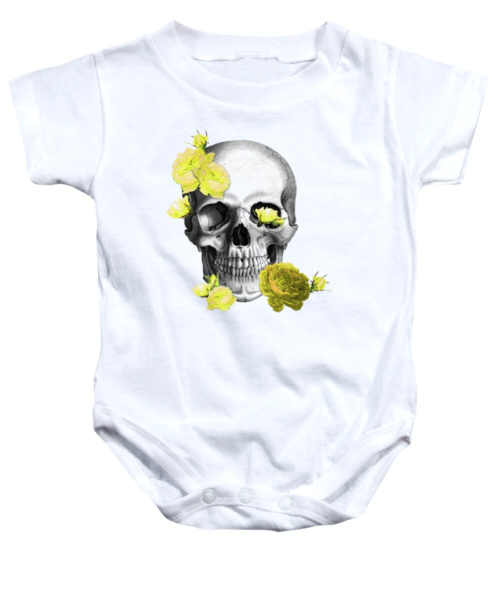 Skull Baby Onesie featuring the digital art Skull yellow roses by Madame Memento