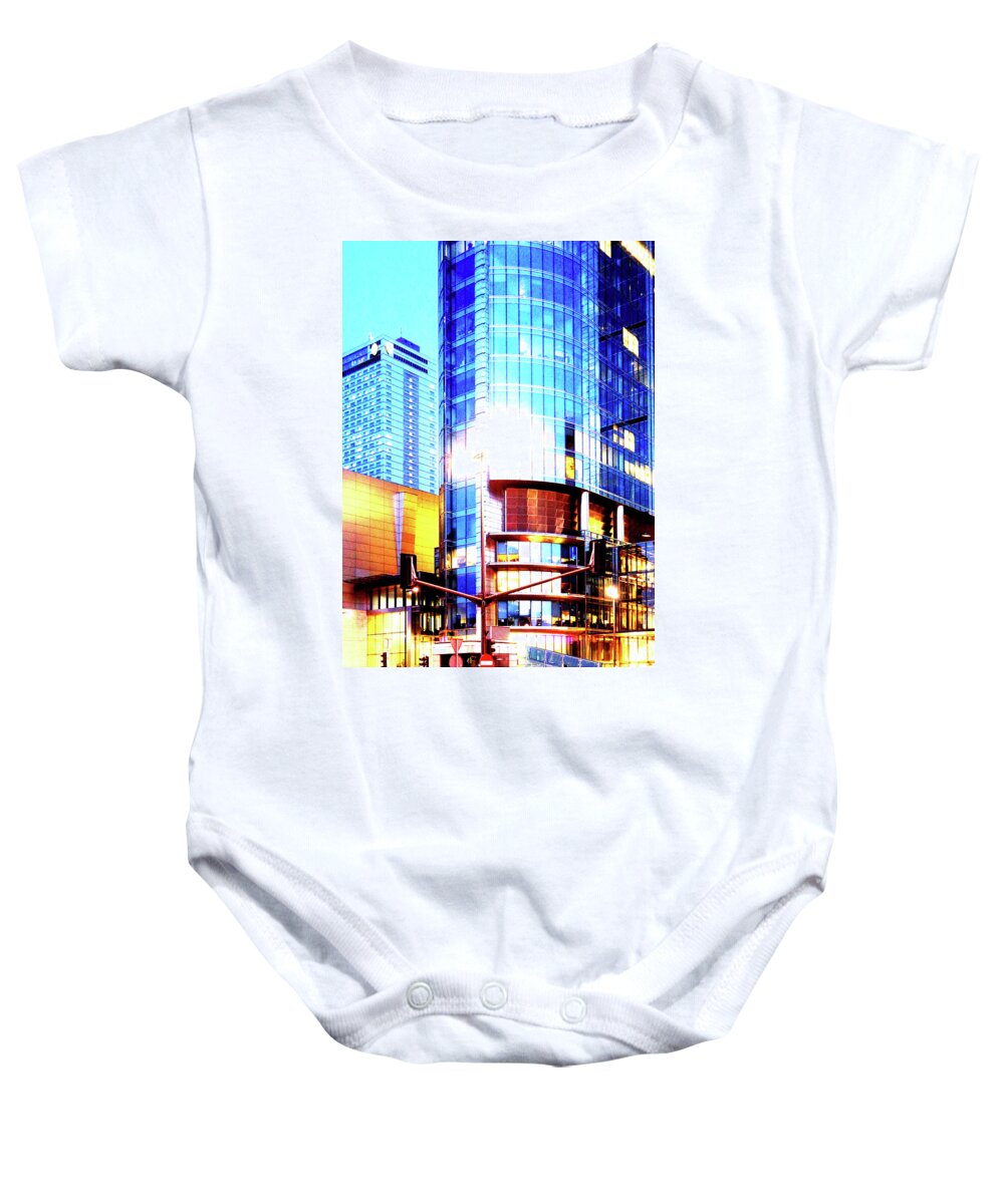 Skyscrapers Baby Onesie featuring the photograph Skyscrapers And City Lights In Warsaw, Poland by John Siest