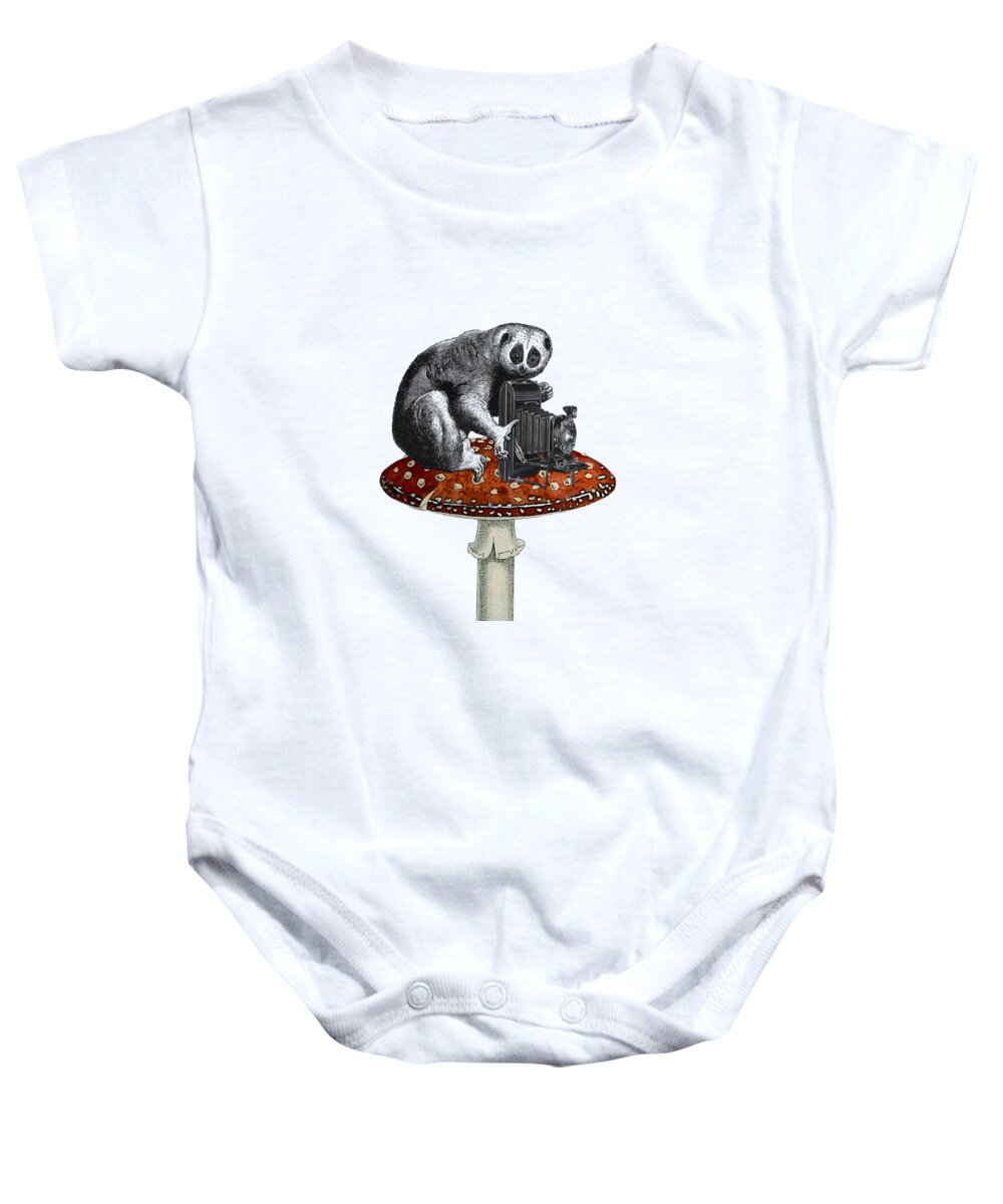Slow Loris Baby Onesie featuring the digital art Slow loris with antique camera by Madame Memento
