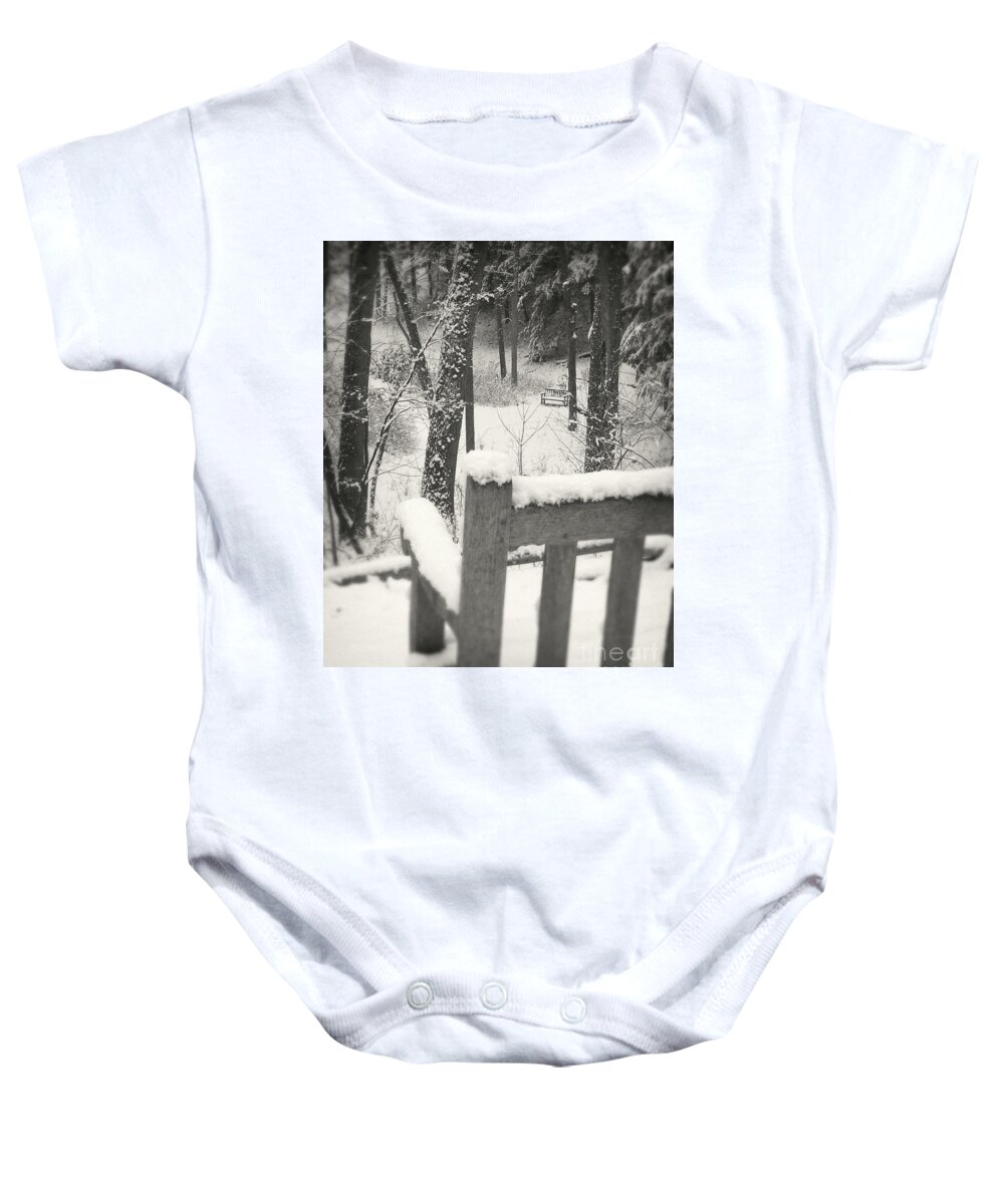 Photograph Baby Onesie featuring the photograph Snow Covered Benches by Phil Perkins