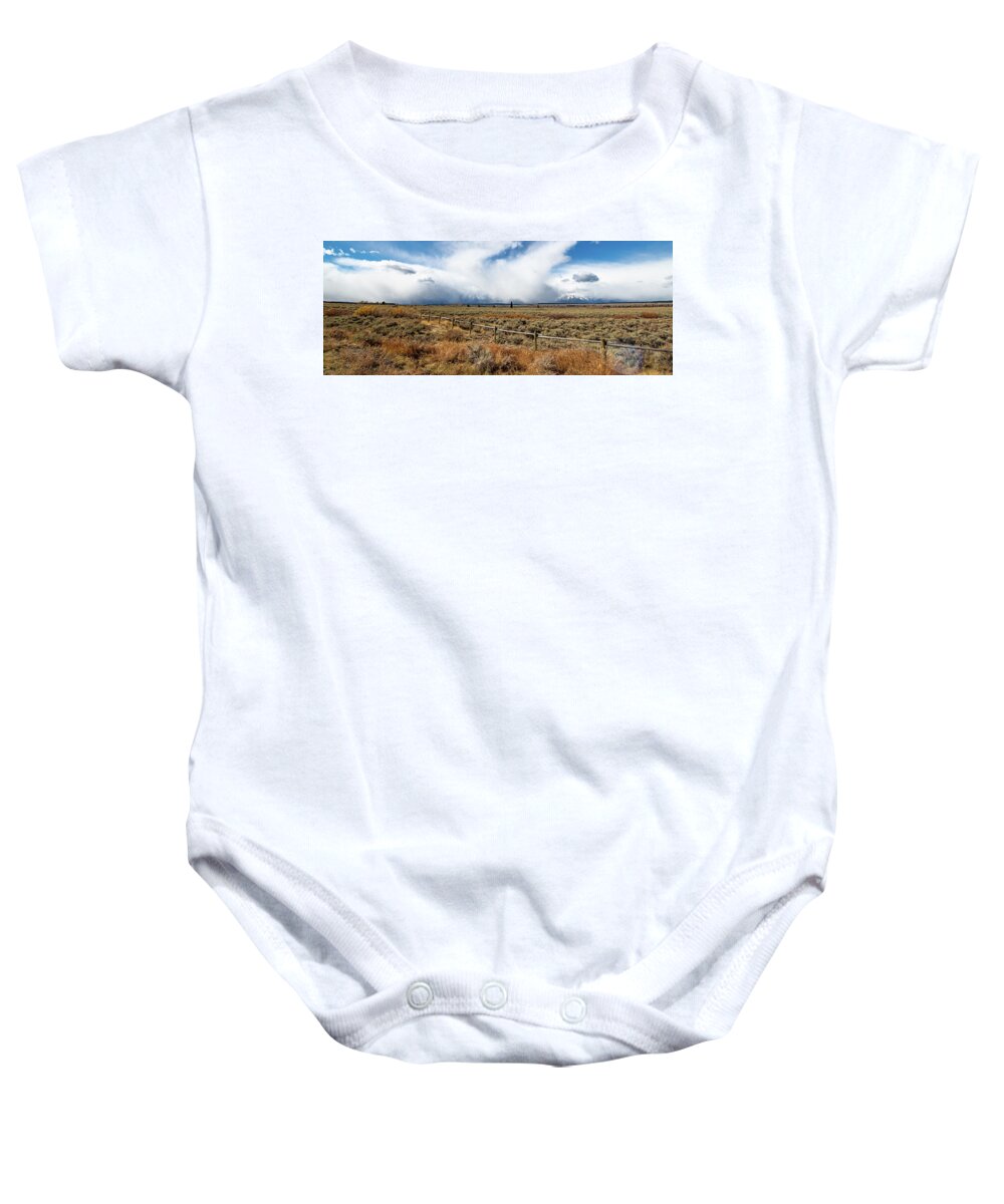 Snow Baby Onesie featuring the photograph Snow Storm Grand Tetons by Mark Duehmig