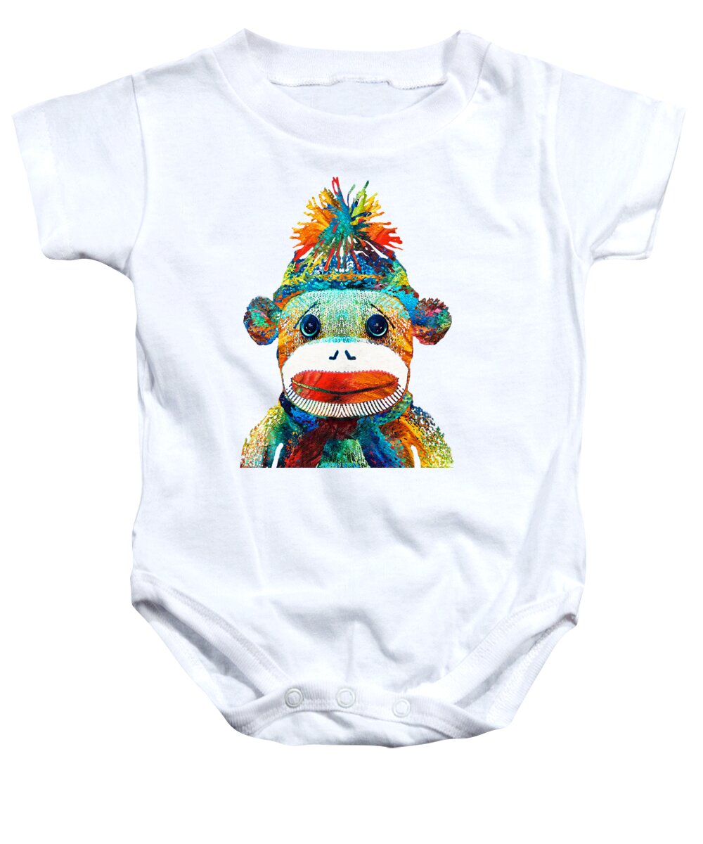 Sock Monkey Baby Onesie featuring the painting Sock Monkey Art - Your New Best Friend - By Sharon Cummings by Sharon Cummings