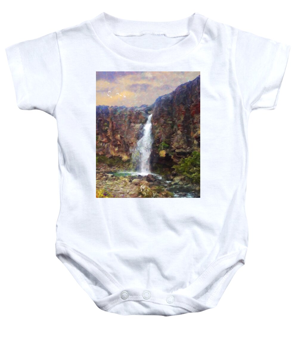 Landscape Baby Onesie featuring the painting Southern Falls, New Zealand by Trask Ferrero