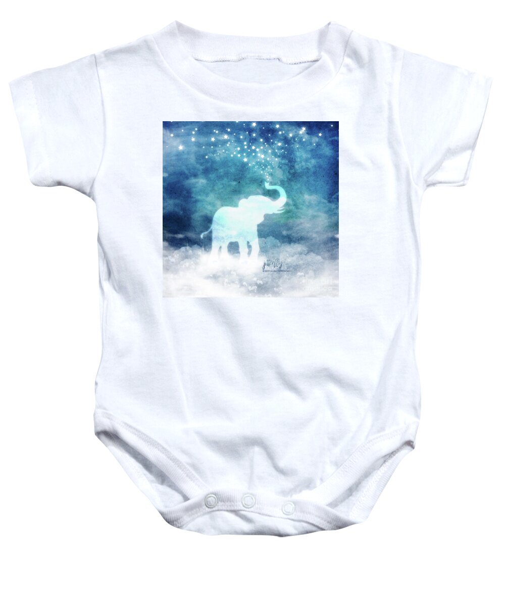 Whimsical Baby Onesie featuring the digital art Spirit Elephant Spouting Stars by Laura Ostrowski