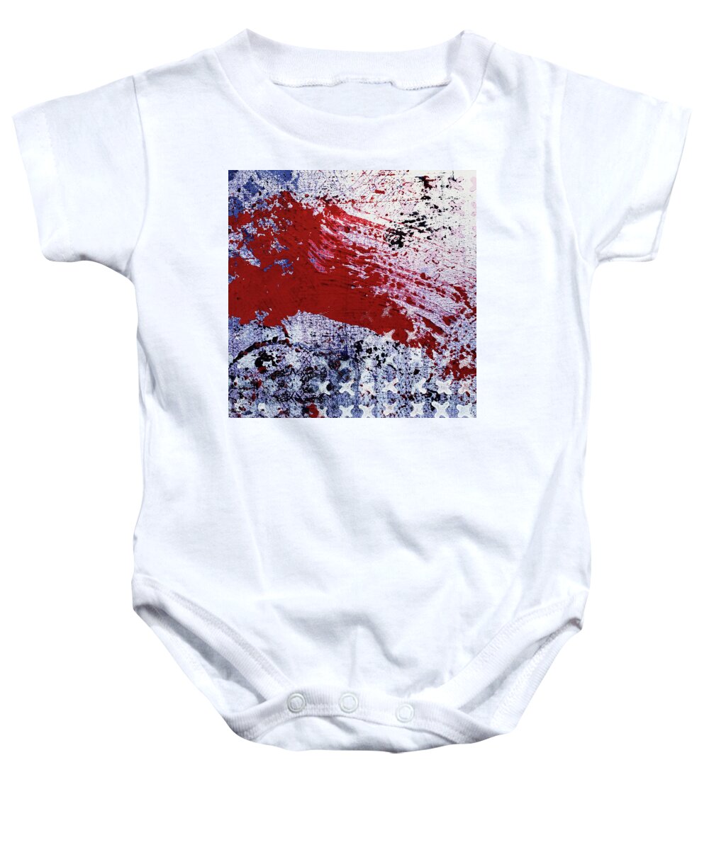 Red Baby Onesie featuring the painting STAR SPANGLED IV Red White and Blue Abstract by Lynnie Lang