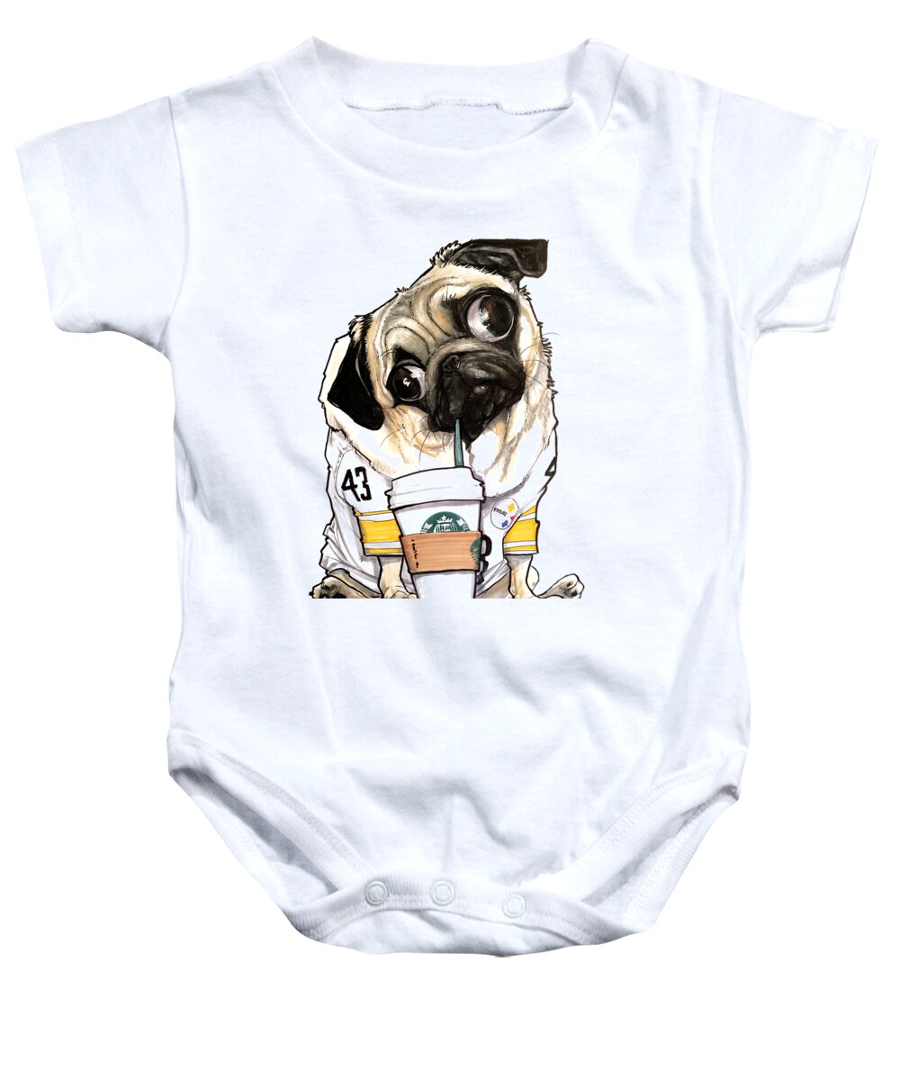 Pug Baby Onesie featuring the drawing Steelers Starbucks Pug by Canine Caricatures By John LaFree