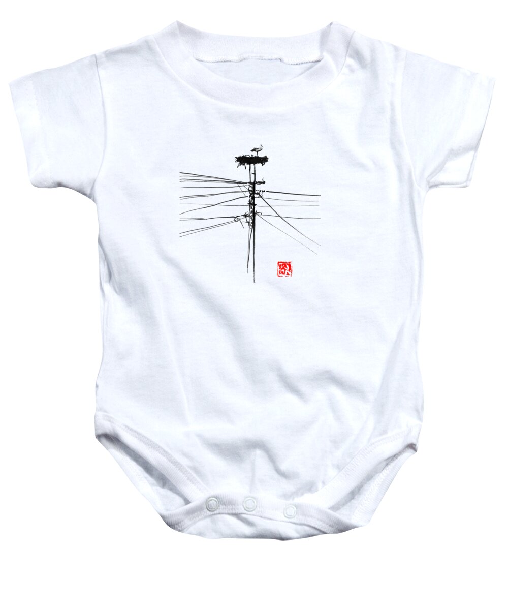 Mountain Baby Onesie featuring the drawing Storke Nest by Pechane Sumie