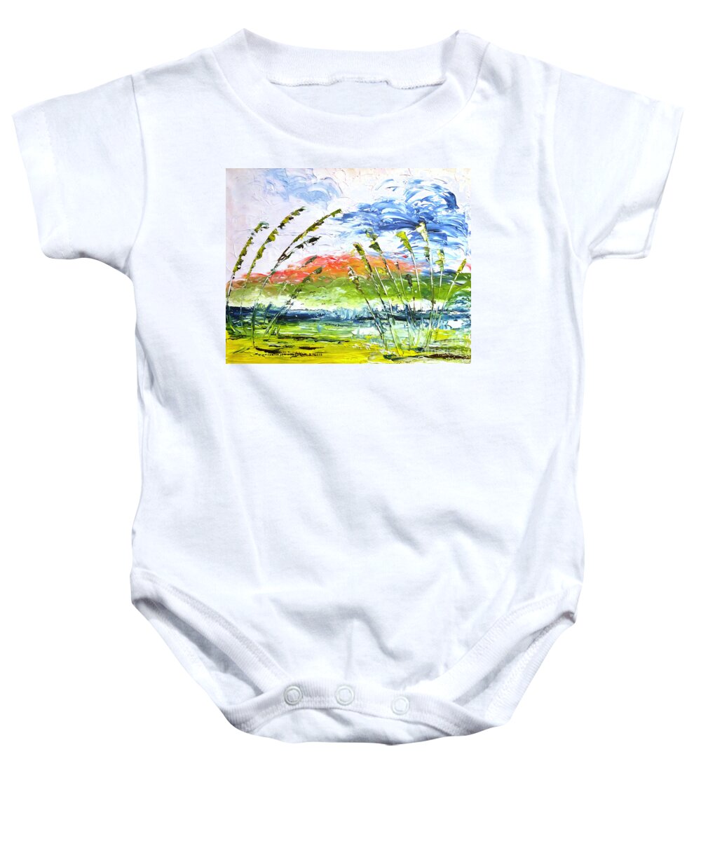 Wave Painting Baby Onesie featuring the painting Waves and Sea Oats -- Abstract Oil Painting by Catherine Ludwig Donleycott