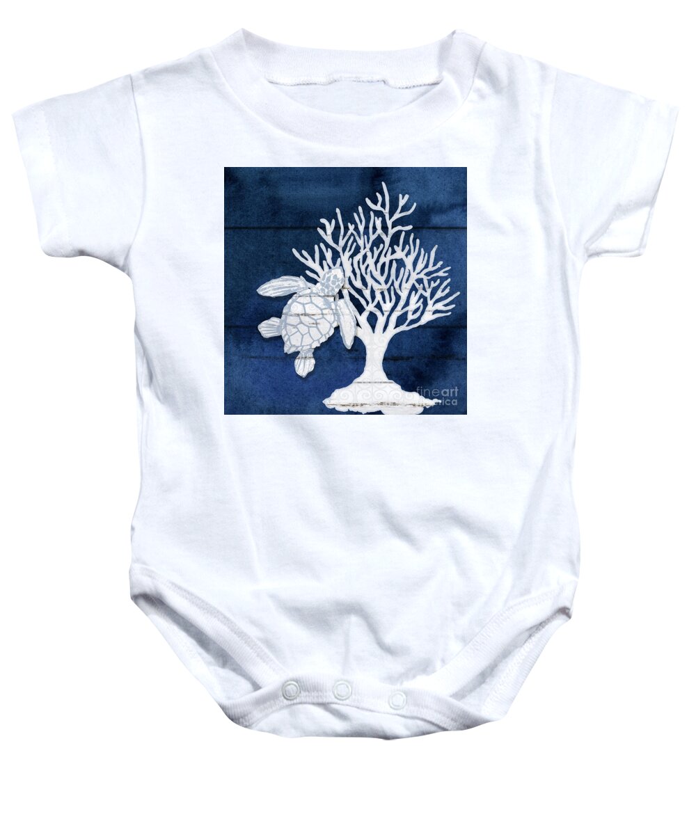 Summer Seas Baby Onesie featuring the painting Summer Seas 8 Sea Turtle and Fan Coral Navy and White by Audrey Jeanne Roberts