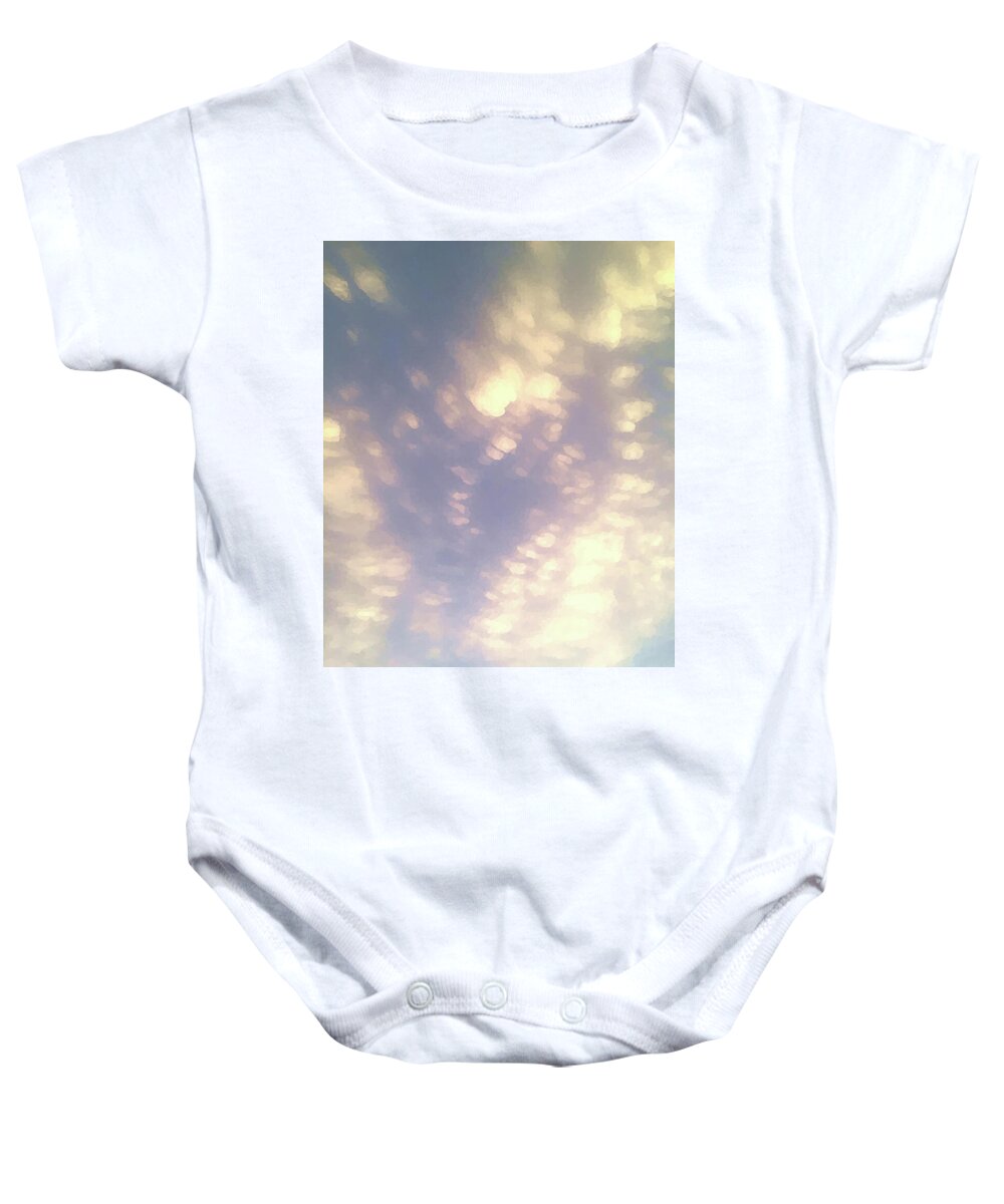 Sunny Baby Onesie featuring the mixed media Sunny Mammatus Clouds Abstract by Shelli Fitzpatrick
