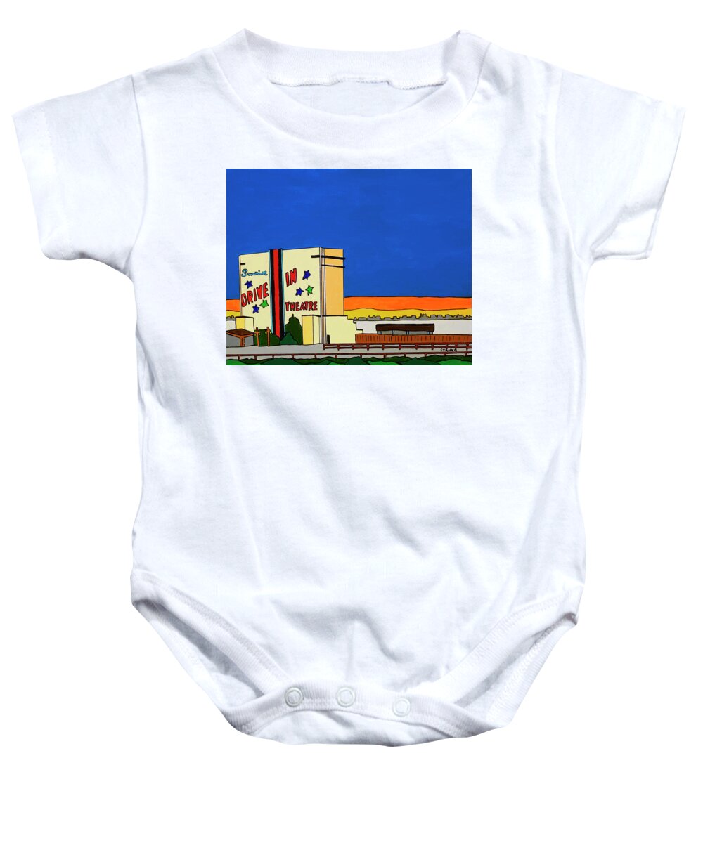 Sunrise Drive-in Valley Stream Movies Baby Onesie featuring the painting Sunrise Drive In by Mike Stanko