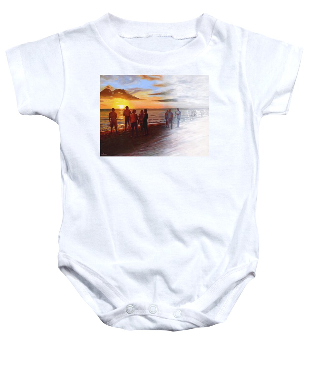 Captiva Baby Onesie featuring the painting Sunset at the Duck by Ginny Lasco