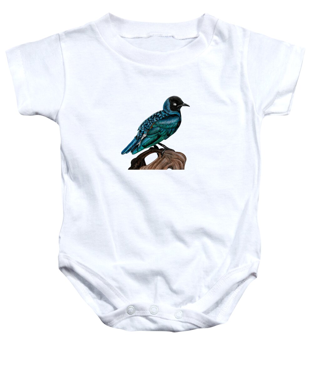 Starling Baby Onesie featuring the mixed media Superb starling by Loren Dowding