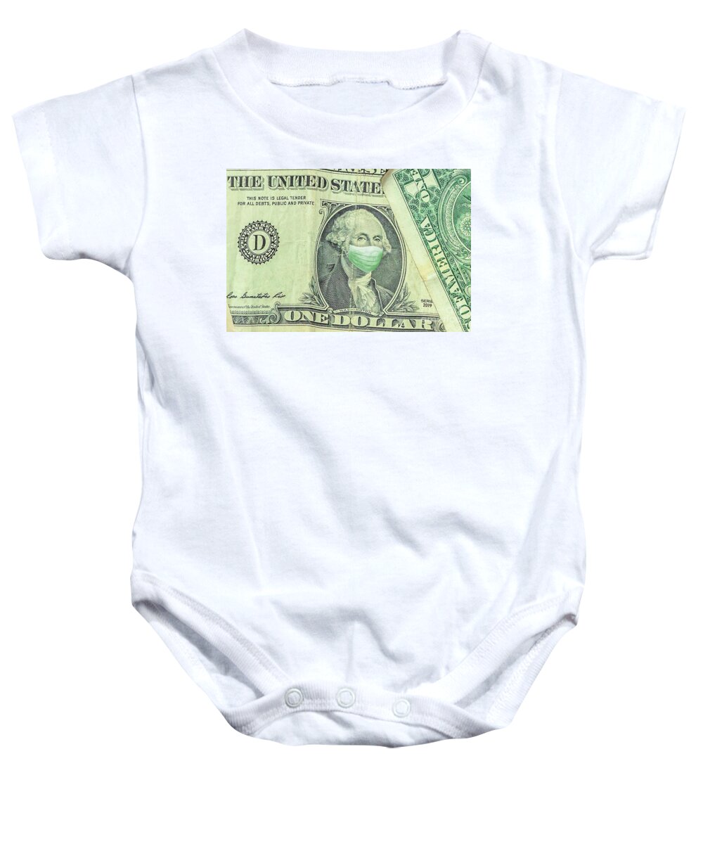Mask Baby Onesie featuring the photograph Surgical mask on George Washington one American dollar by Benny Marty