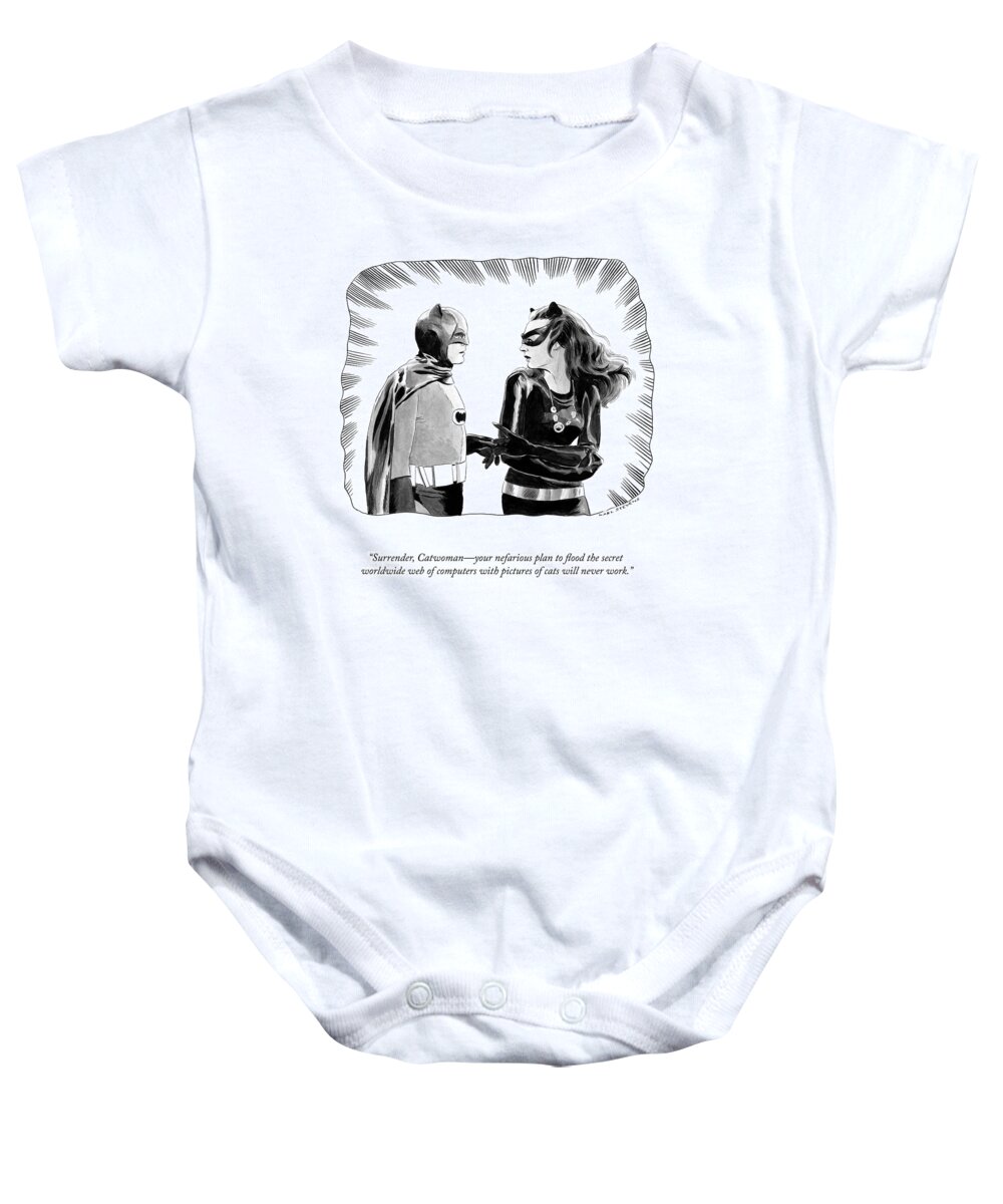 A23194 Baby Onesie featuring the drawing Surrender Catwoman by Karl Stevens