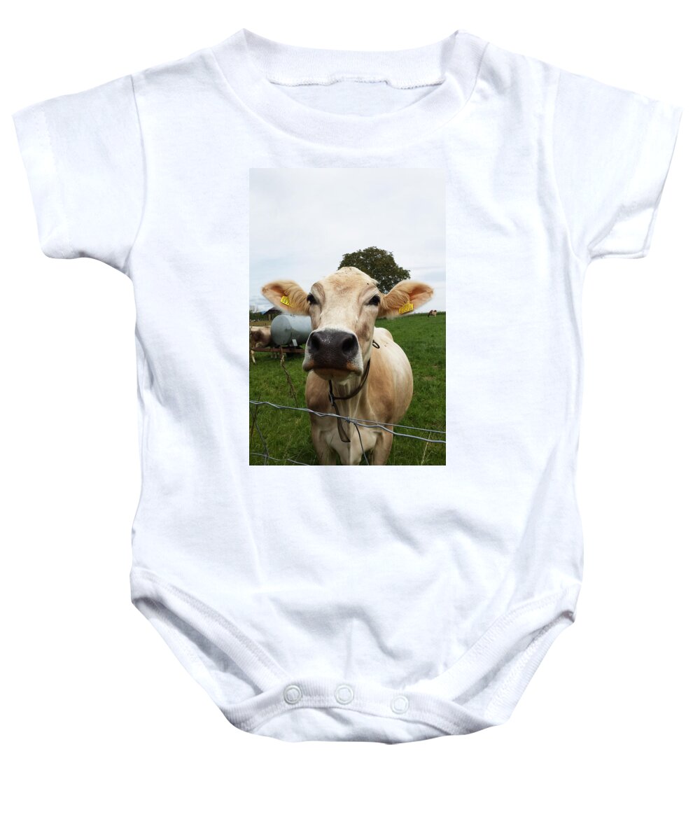 Swiss Baby Onesie featuring the photograph Swiss cow by Joelle Philibert