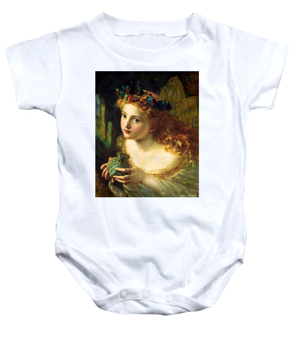 Take The Fair Face Of Woman Baby Onesie featuring the painting Take the Fair Face of Woman, and Gently Suspending, With Butterflies, Flowers, and Jewels Attending, by Sophie Gengembre Anderson