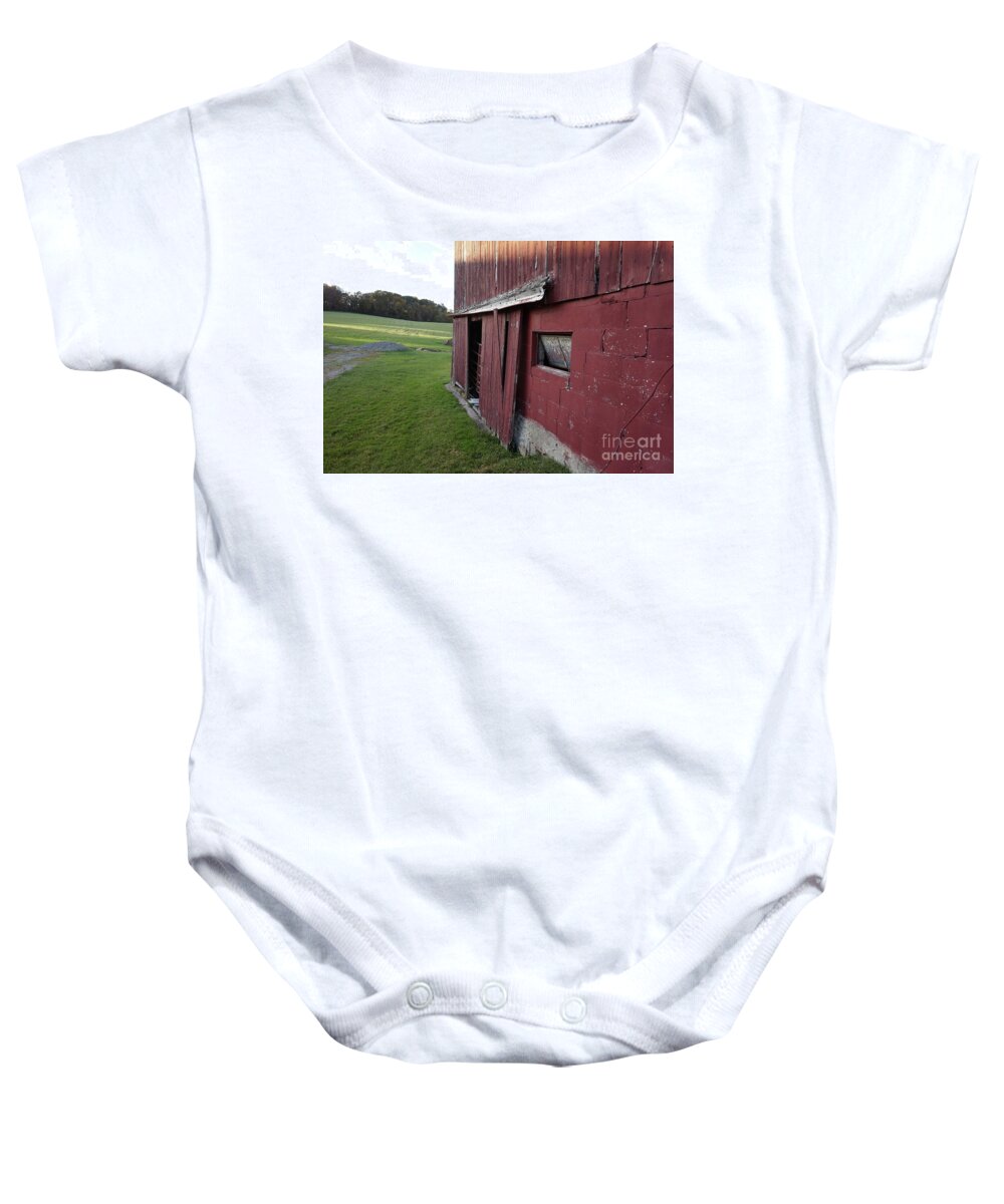 Old Red Barn Baby Onesie featuring the photograph Tattiebogle West by Chris Naggy
