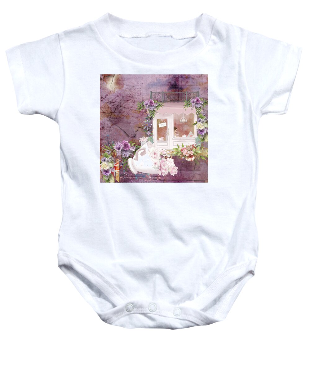 Nickyjameson Baby Onesie featuring the mixed media Tea Shop Times by Nicky Jameson