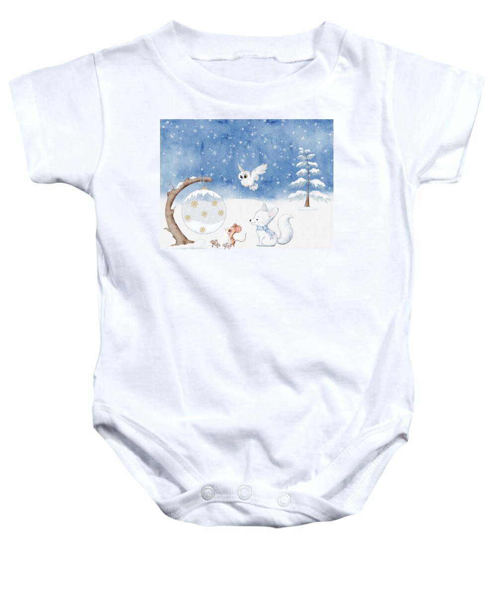 Fox Baby Onesie featuring the mixed media The Joy Of Winter in Foxland 3 by Johanna Hurmerinta