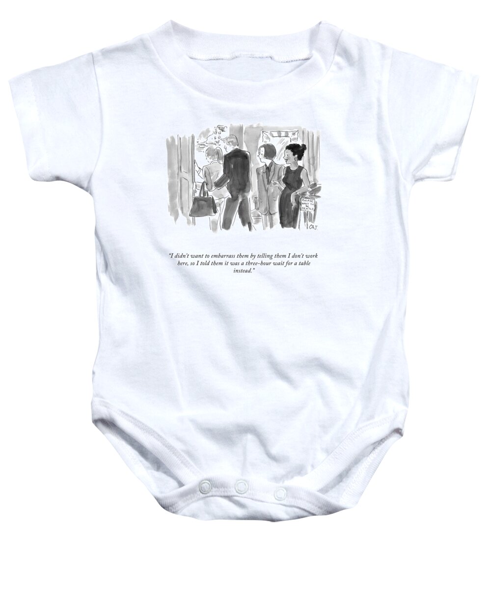 I Didn't Want To Embarrass Them By Telling Them I Don't Work Here Baby Onesie featuring the drawing Three Hour Wait by Carolita Johnson