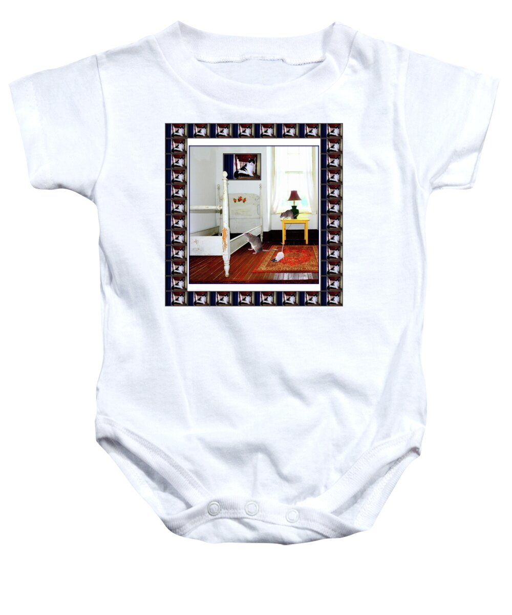 Rats Baby Onesie featuring the digital art Three Rats And Many Cats by Constance Lowery