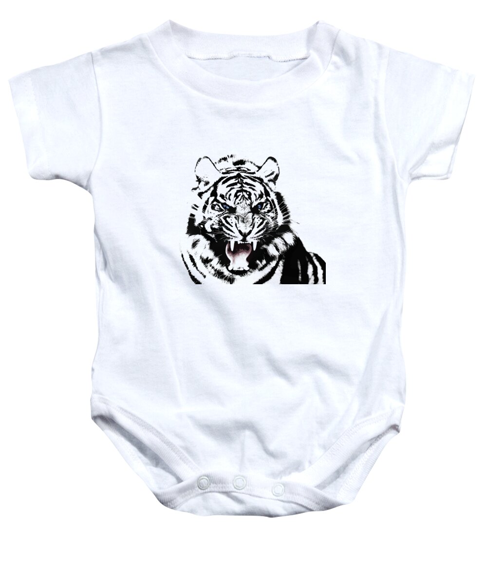 Tiger Baby Onesie featuring the photograph Tiger On White by Mark Rogan