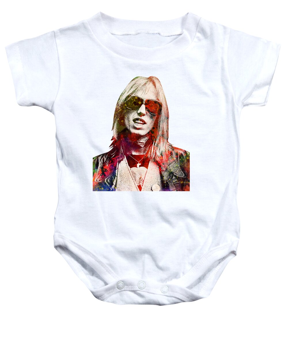 Tom Petty Baby Onesie featuring the digital art Tom Petty colorful portrait no background by Mihaela Pater