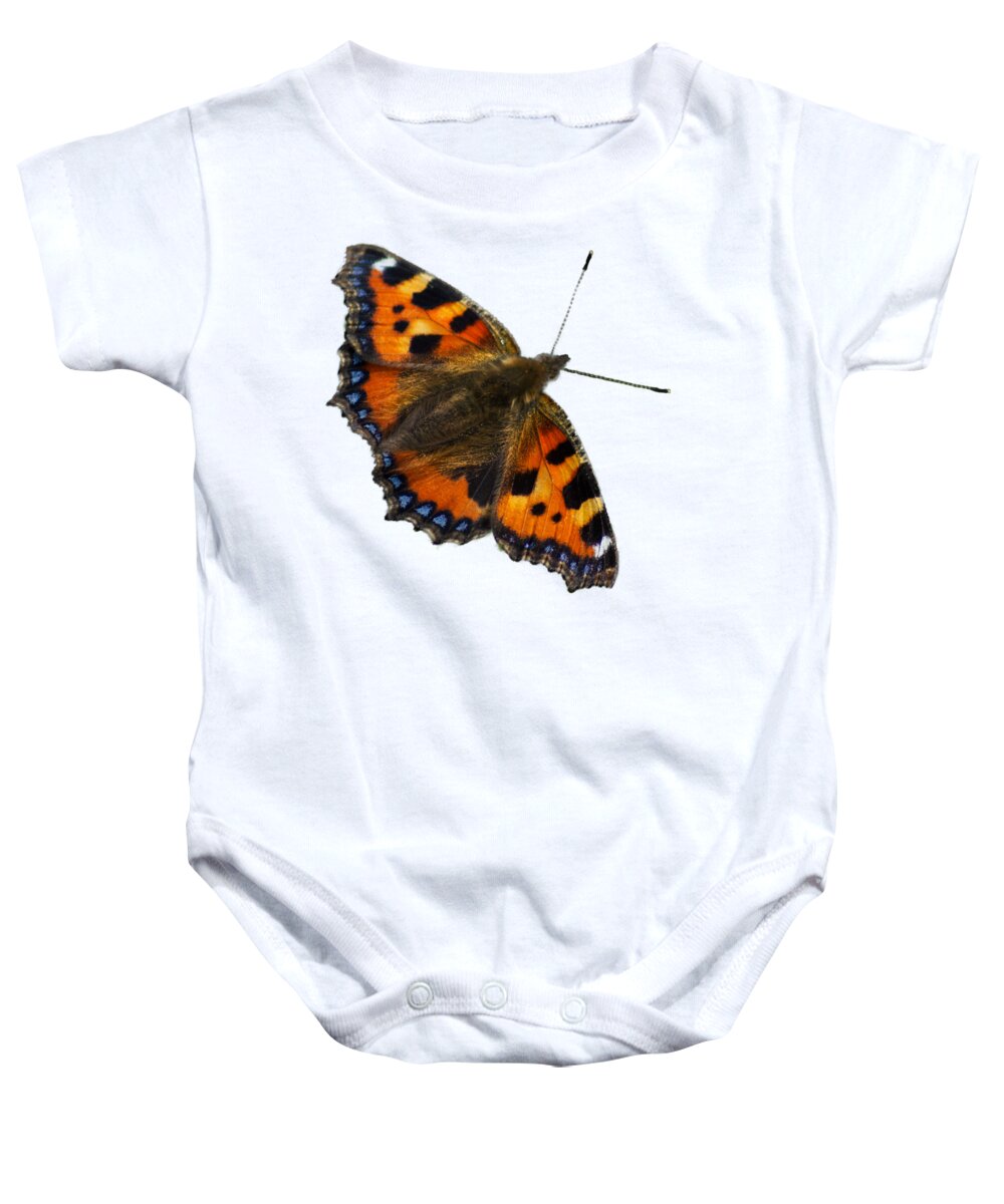 Tortoiseshell Baby Onesie featuring the photograph Tortoiseshell butterfly, taken at Dove Stone Reservoir, by Pics By Tony