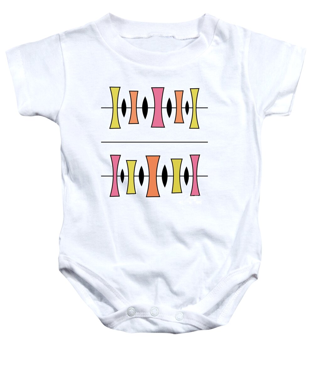 Mid Century Modern Baby Onesie featuring the digital art Trapezoids in Pink, Melon and Yellow by Donna Mibus